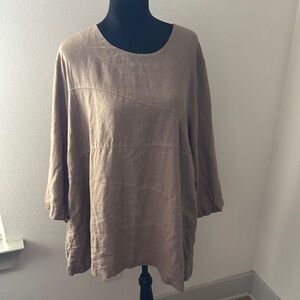 MoSaic USA 100% Linen tan Tunic top 3/4 sleeves blouse round neckline Sz L #2510